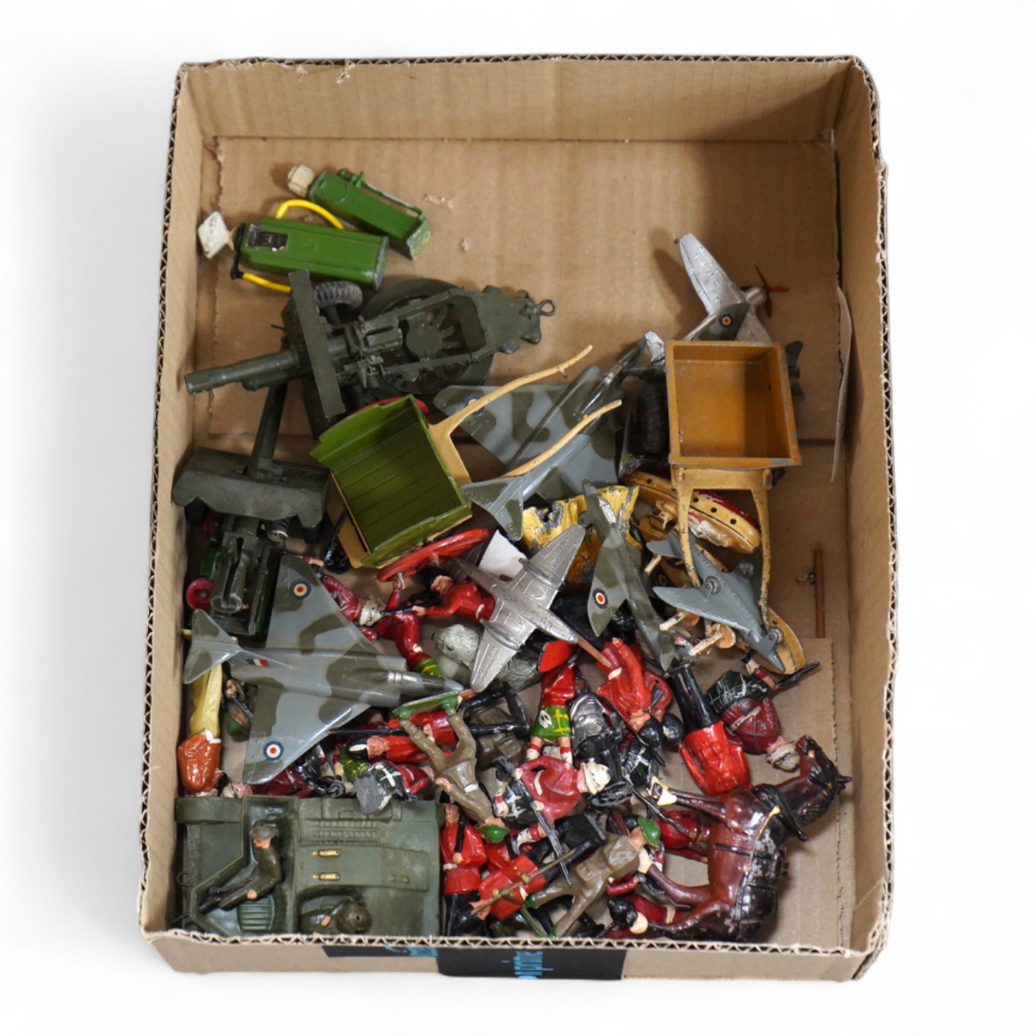 A collection of Britains military soldiers, etc, including two boxed Britains military field guns; an 18” Howitzer (No.2107), and a 155mm Gun (No.2064), both with some accessories and shells missing, an unboxed Bren Gun